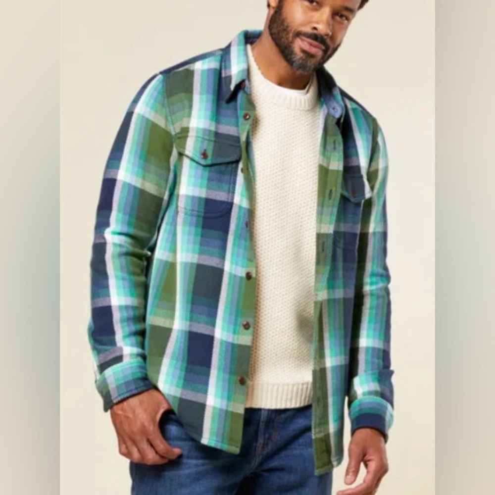Outerknown Green and Blue Plaid Button-Down Shirt